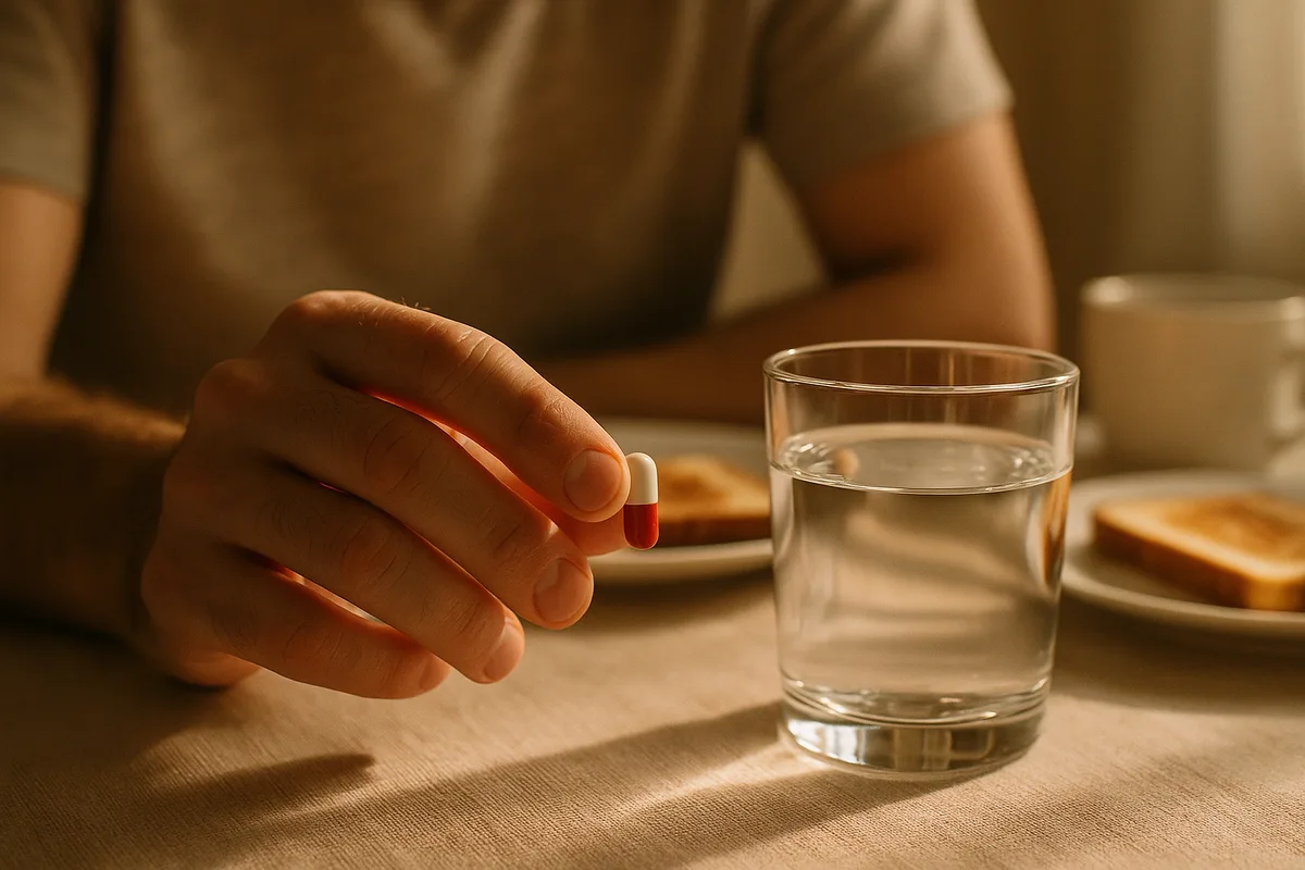 Mano con una cápsula de Uro Active junto a un vaso de agua en el desayuno