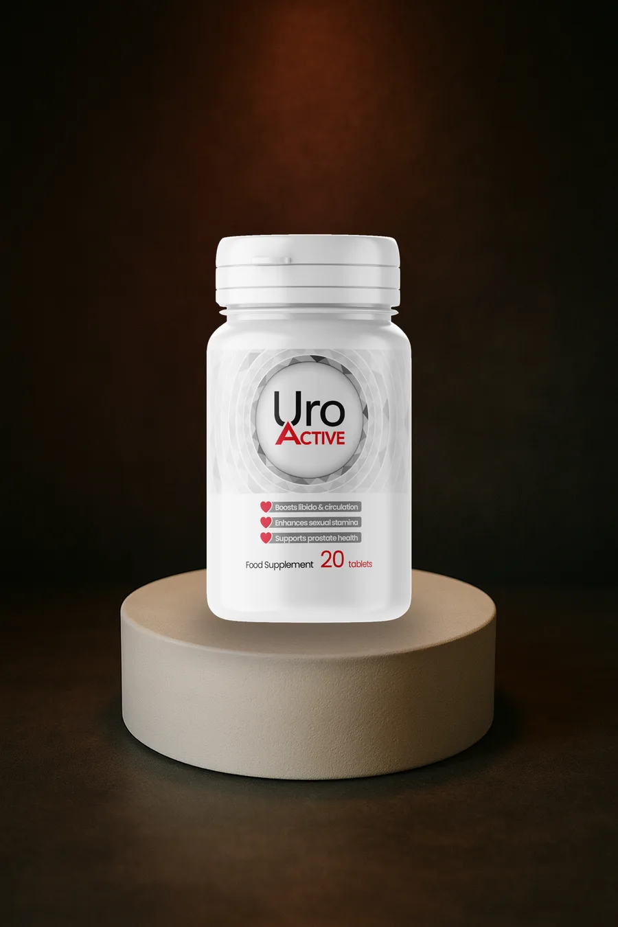 Bote original de Uro Active, cápsulas para la prostatitis, sobre un pedestal de estudio