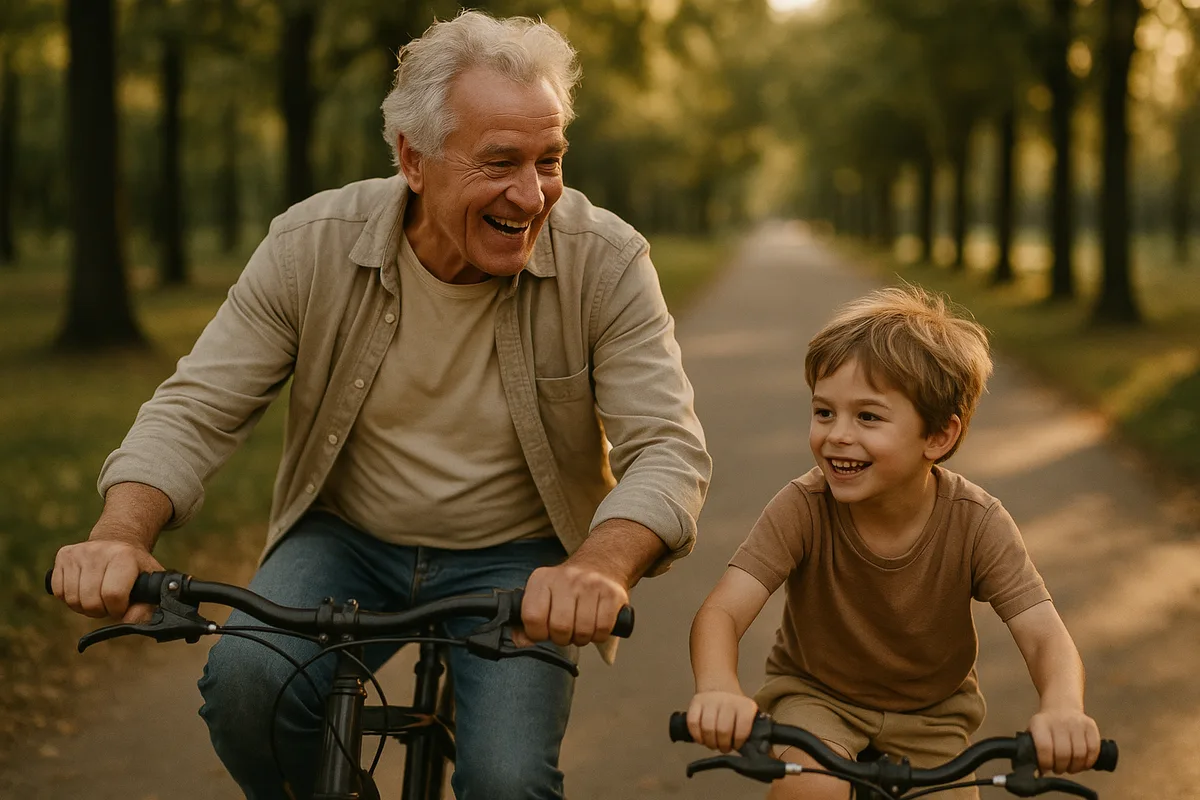 Nonno di 62 anni pieno di energia in bicicletta con il nipote al parco