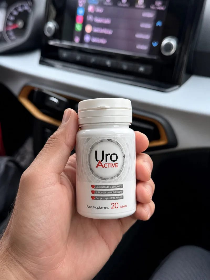 Flacone di Uro Active in mano a un cliente: etichetta e capsule