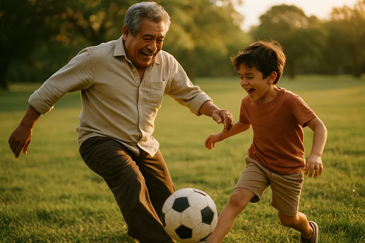 Abuelo de 62 años con energía jugando futbol con su nieto en el parque