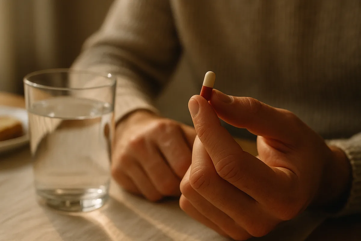 Mano con una cápsula de Uro Active junto a un vaso de agua en el desayuno