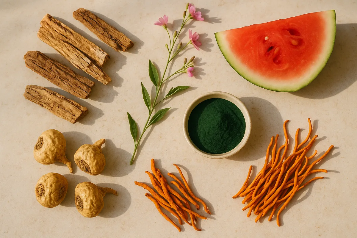 Ingredientes de Uro Active: corteza de muira puama, raíz de maca, epilobio, sandía, espirulina y cordyceps