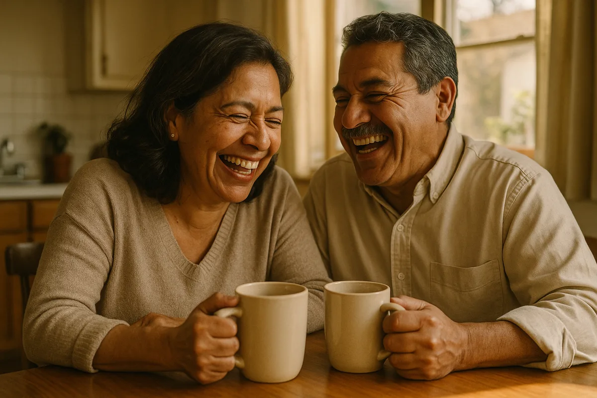 Pareja mexicana de unos 50 años riendo en el desayuno: la vida íntima después de la prostatitis