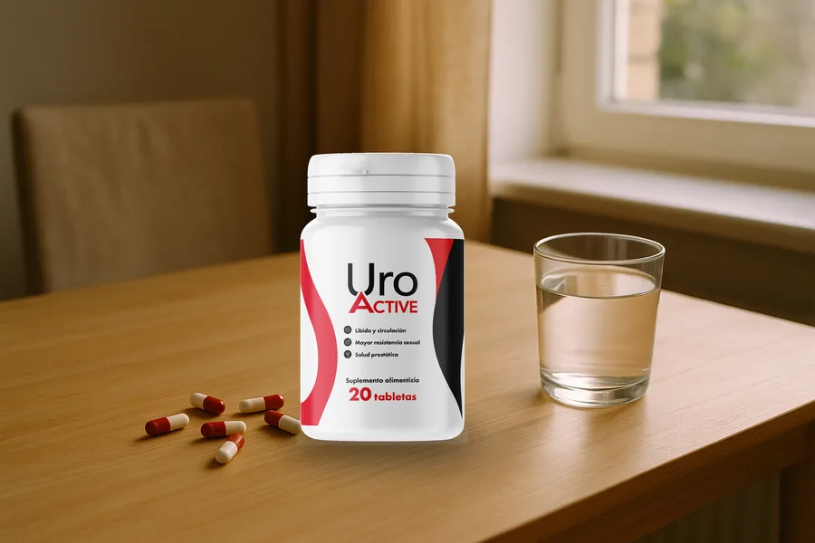 Frasco de Uro Active con cápsulas y un vaso de agua en la mesa del desayuno