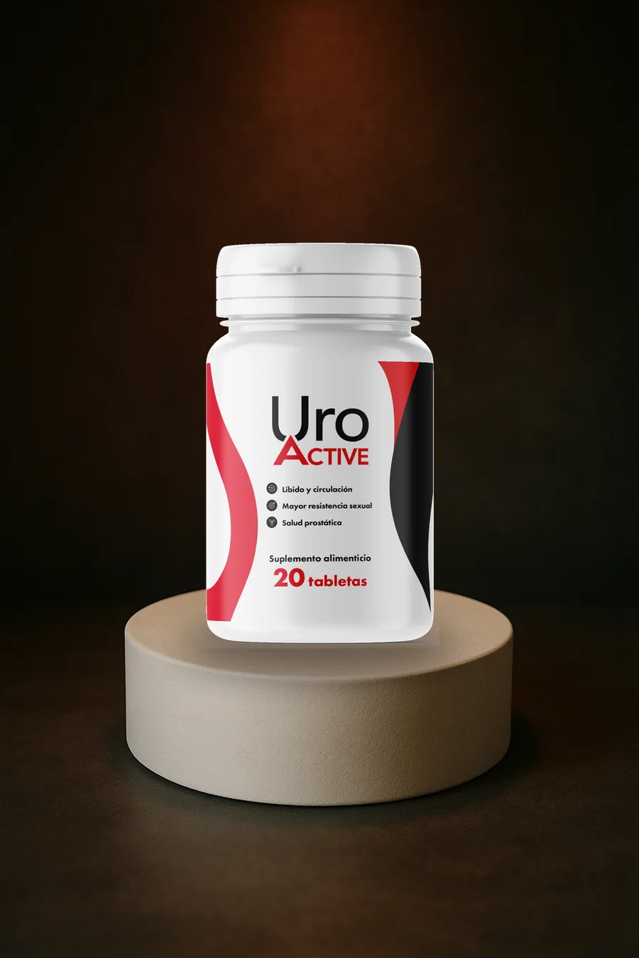 Frasco original de Uro Active, cápsulas para la prostatitis, sobre un podio de estudio