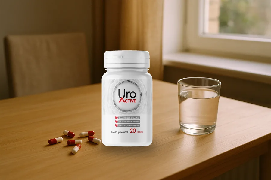 Vysypané kapsuly Uro Active vedľa balenia a pohára vody